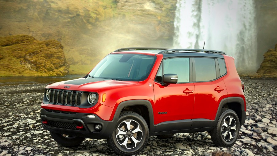 2021 Jeep Renegade Trailhawk by a waterfall