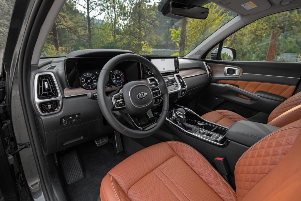 A close-up look at the red and black interior of the 2021 Kia Sorento X-Line