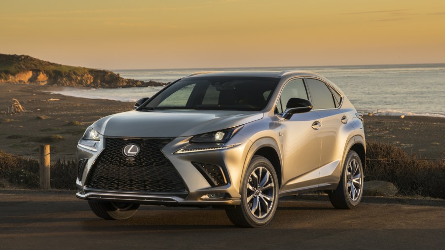 A silver 2021 Lexus NX 300 parked next to the oceanside