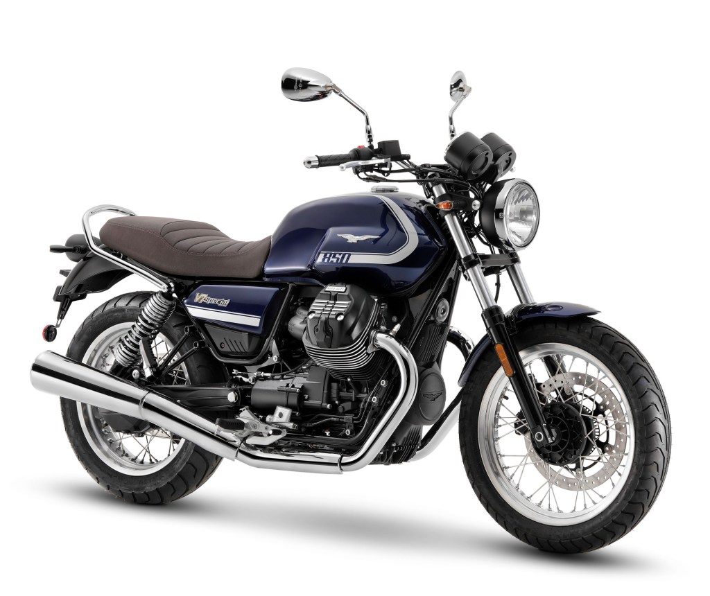 A blue-and-silver 2021 Moto Guzzi V7 Special