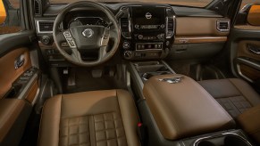 The brown interior of a 2021 Nissan Titan interior