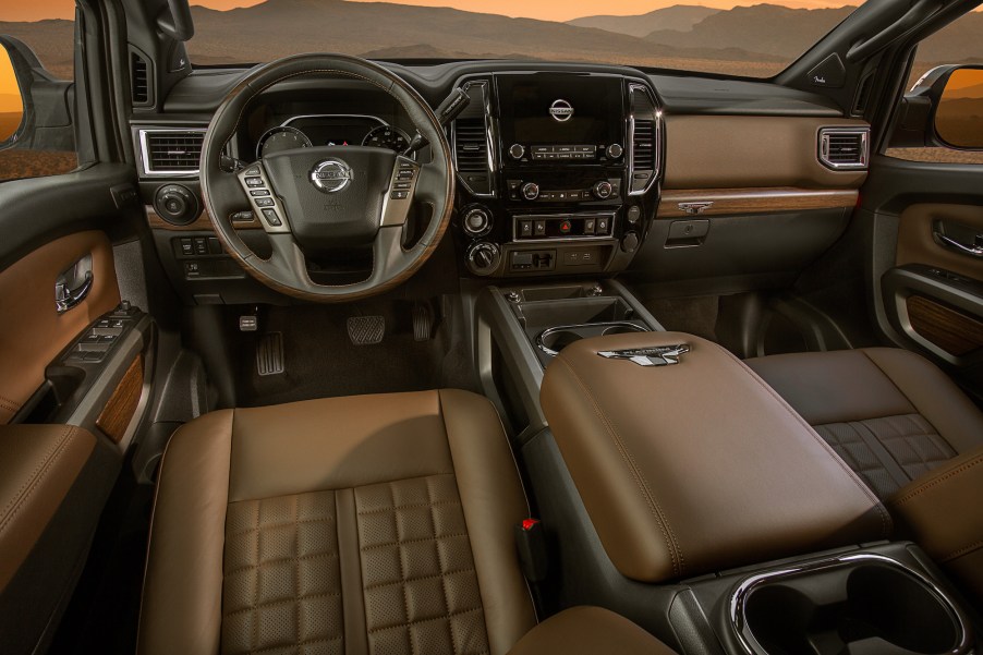 The brown interior of a 2021 Nissan Titan interior