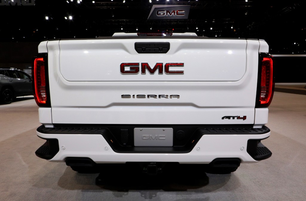 A white GMC Sierra on display at Chicago Auto Show