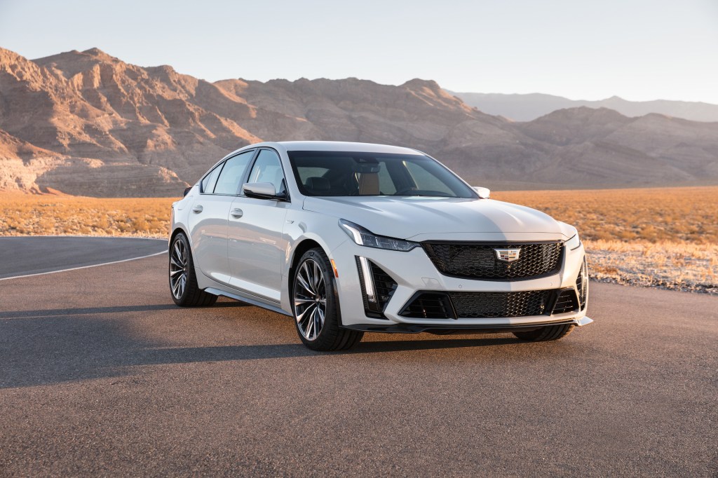 An image of a white 2022 Cadillac CT5-V Blackwing on a track.