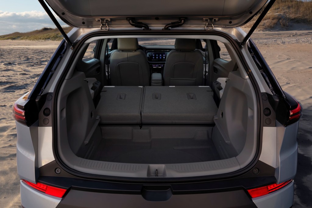 The rear view of the 2022 Chevrolet Bolt EUV's interior with the rear seats folded