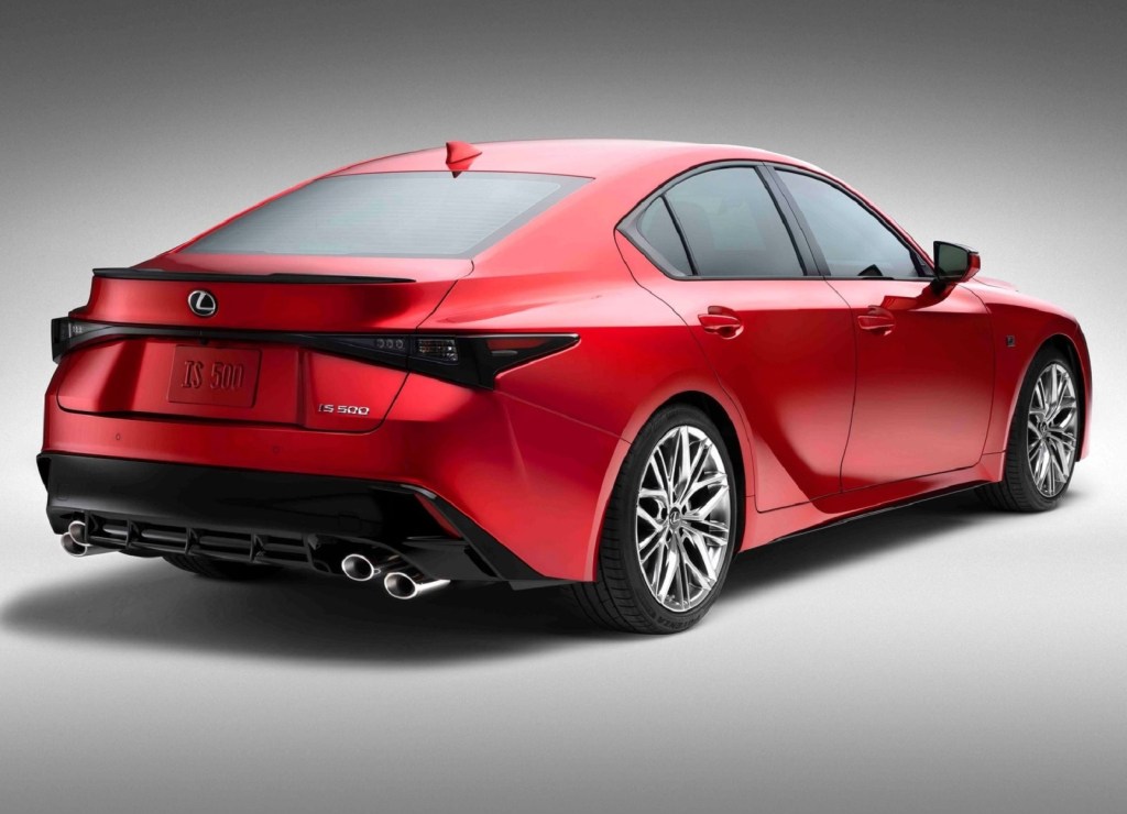 The rear 3/4 view of a red 2022 Lexus IS 500 F Sport Performance