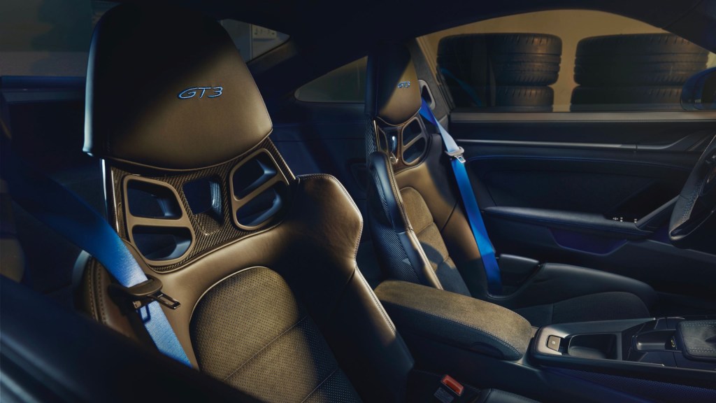 The 2022 Porsche 911 GT3's blue-trimmed optional carbon-fiber seats