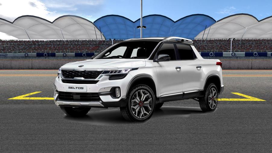 rendering of the Kia pickup truck in a parking lot