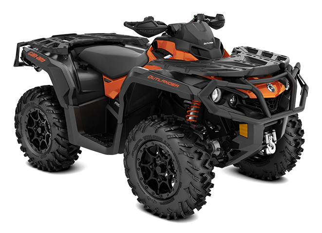 one of this brand's premium ATV and four-wheeler options this press photo shows a 2021 Can-Am outlander in black and orange against a white backdrop 