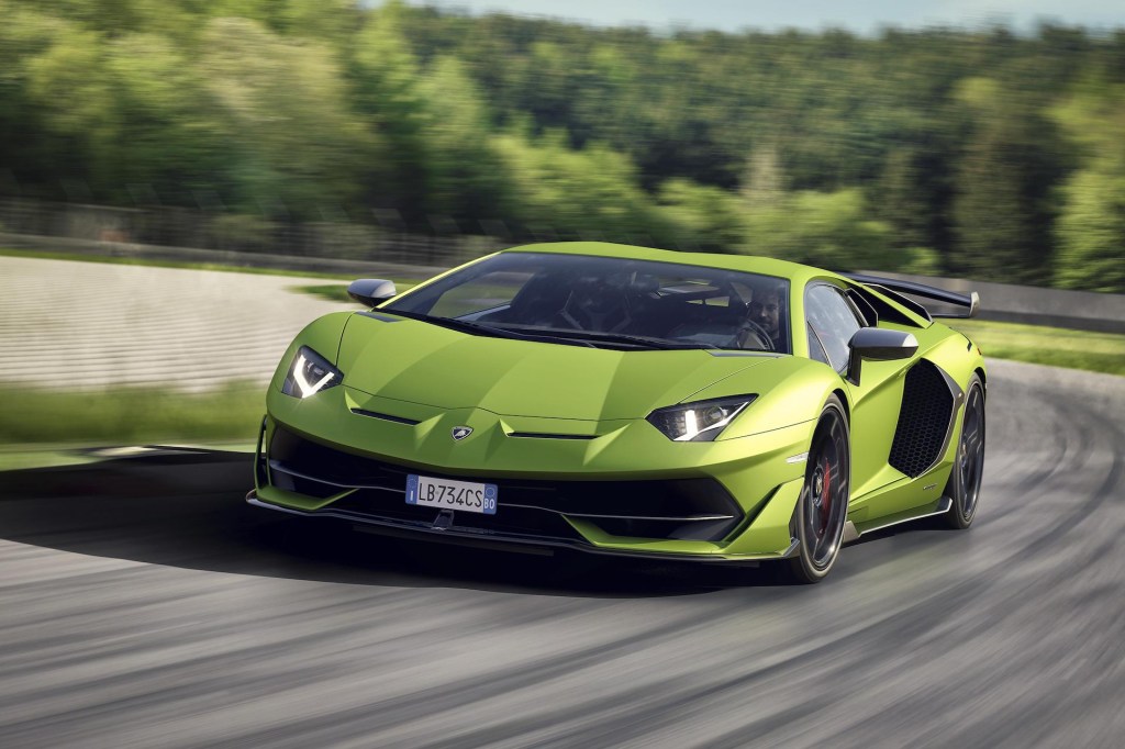 An image of a Lamborghini Aventador SVJ on track.