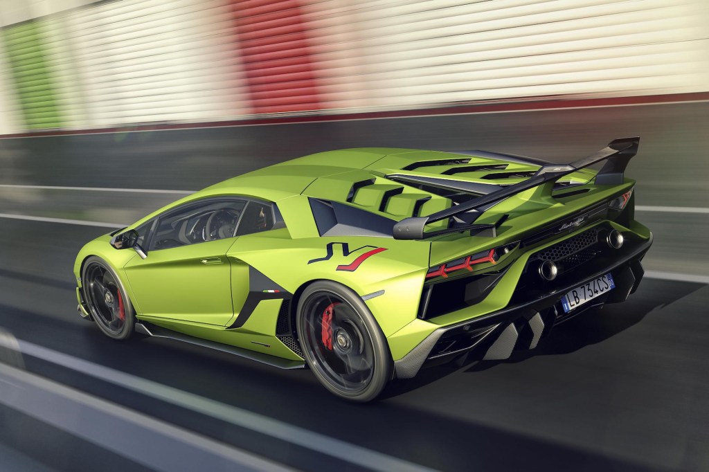 An image of a Lamborghini Aventador SVJ on track.