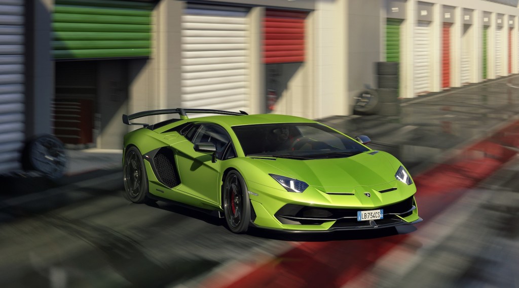 An image of a Lamborghini Aventador SVJ on track.