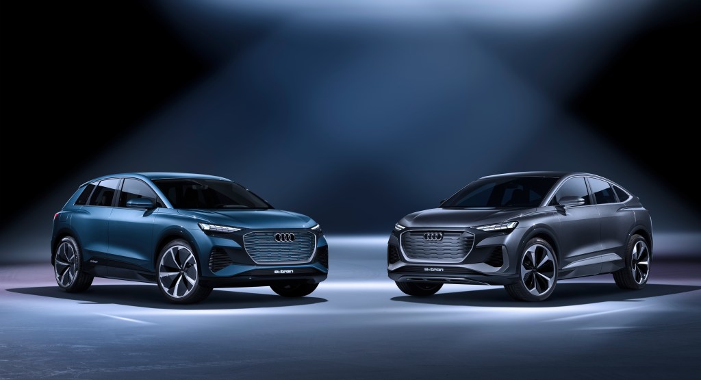 A Audi Q4 e-tron concept and Audi Q4 Sportback e-tron concept share the stage