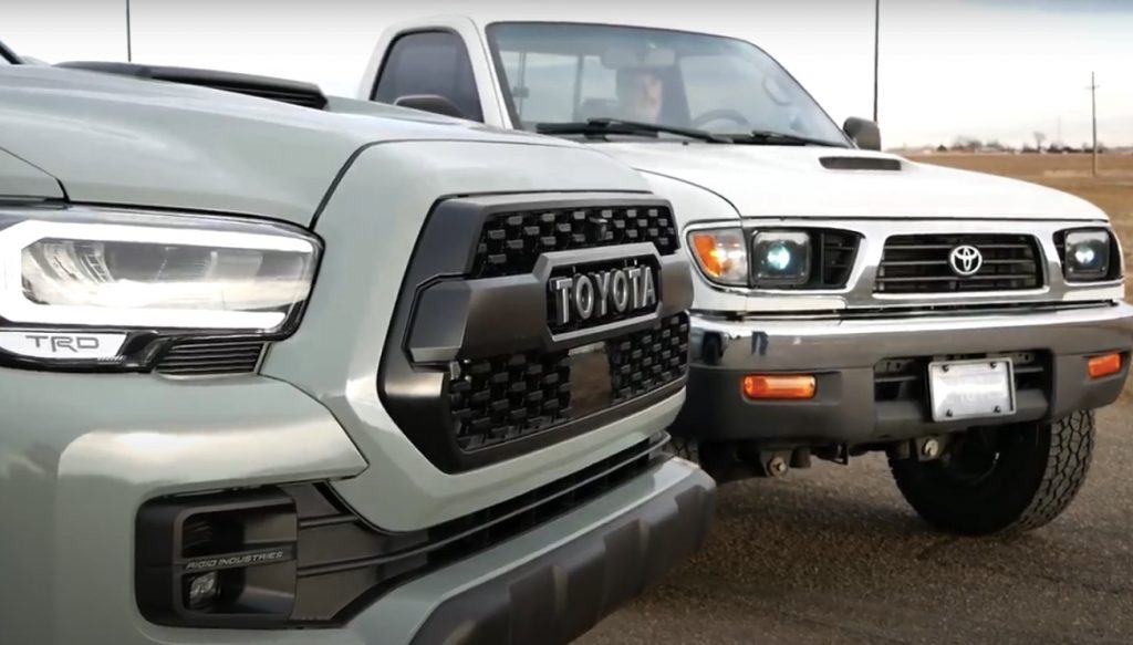 new and old toyota tacoma pickup trucks waiting for the drag race