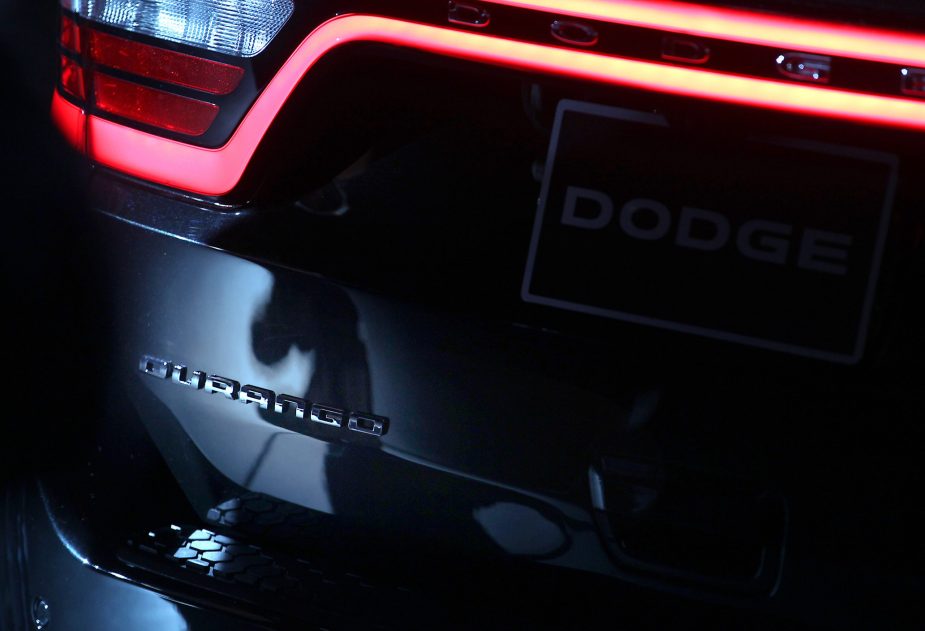 A close-up shot of a Dodge Durango at an auto show