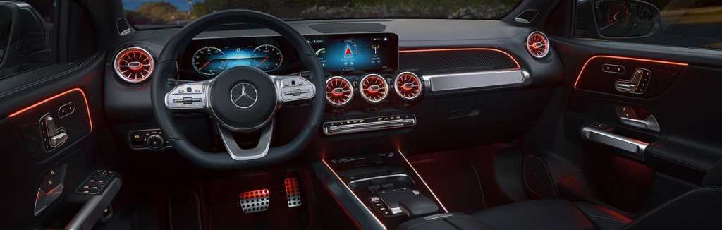 dash display of the 2021 GLB 250 illuminated in red