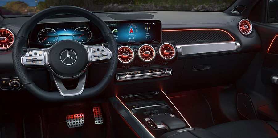 dash display of the 2021 GLB250 illuminated in red