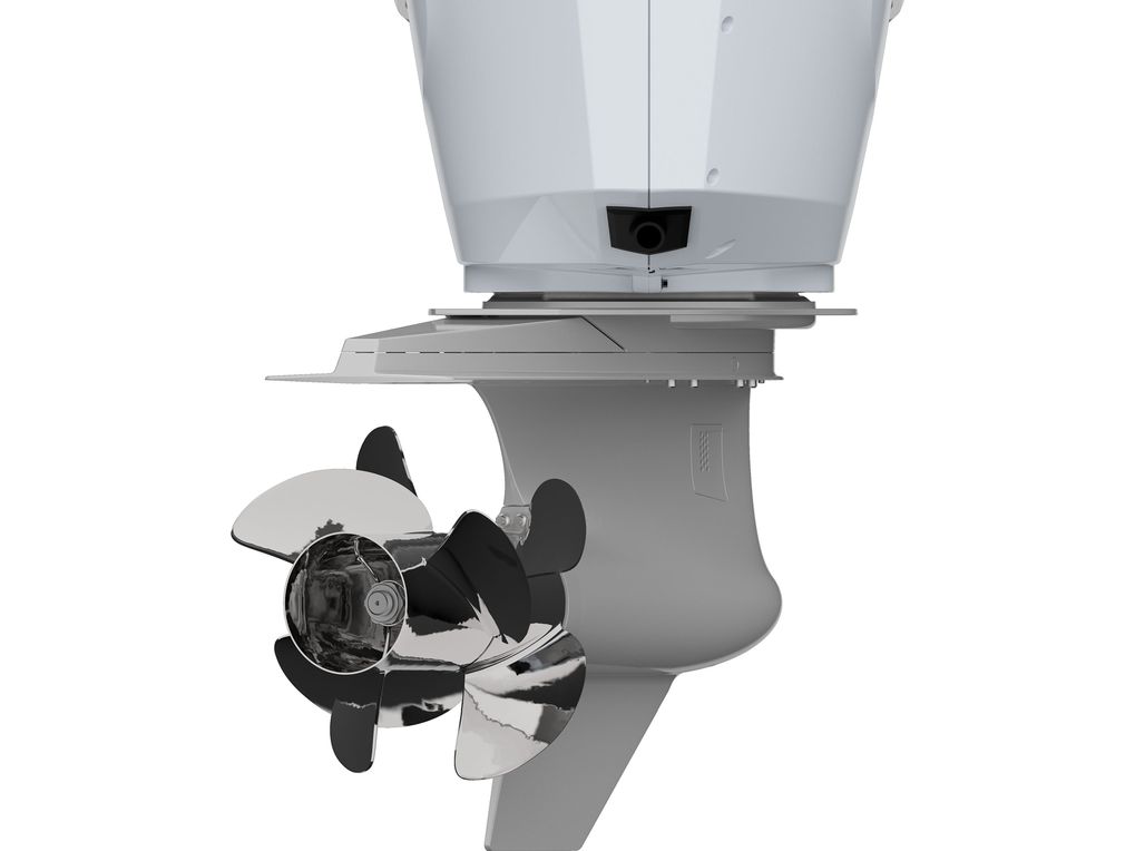 a closer view of the dual prop bottom turning half of the new Verado outboard motor