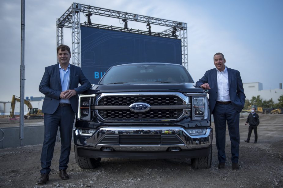 Ford CEO Jim Farley, left, and Executive Chairman of Ford Bill Ford pose for a photo with the 2021 Ford F-150 King Ranch Truck at the Ford Built for America event at Ford’s Dearborn Truck Plant on September 17, 2020 i