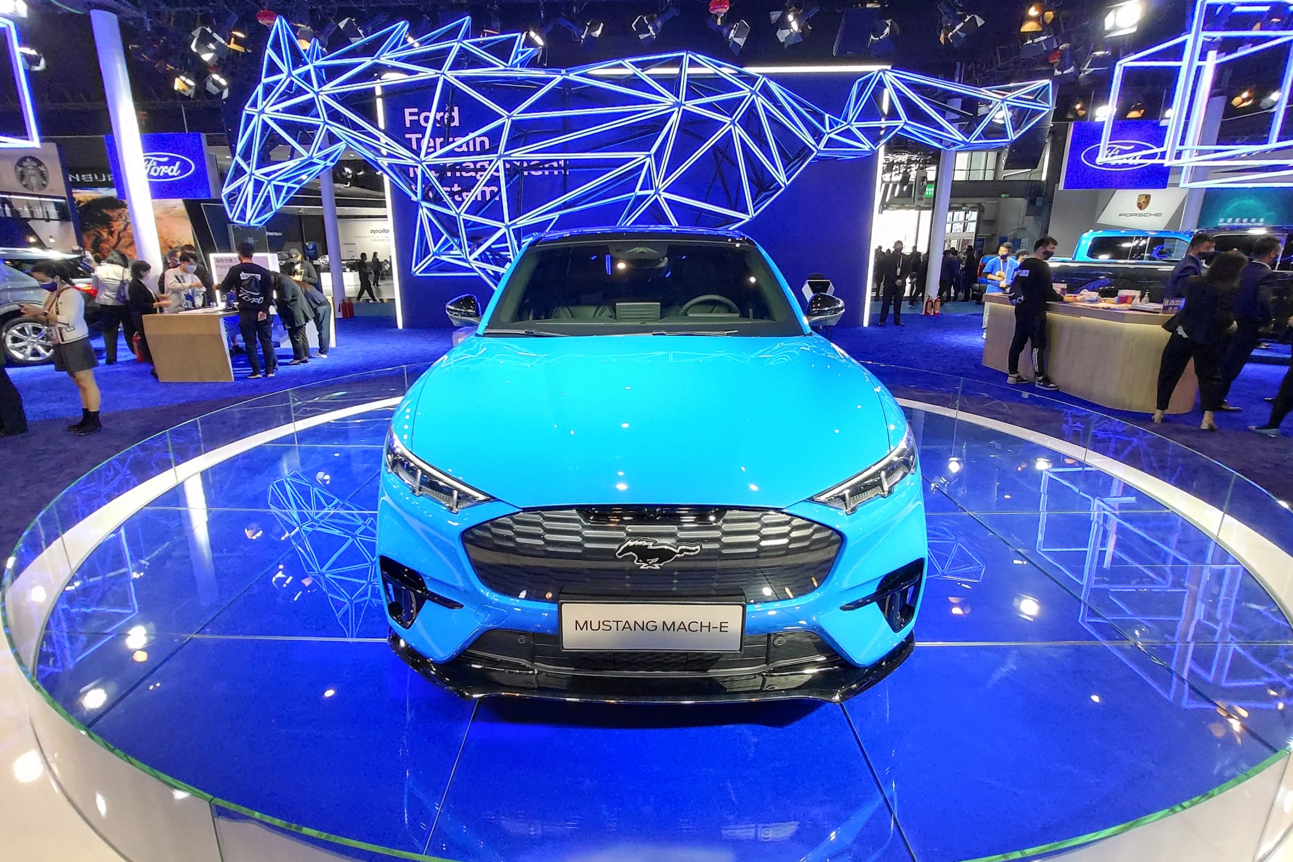 A Ford MUSTANG Mach-e sports car is seen at the third China International Import Expo in Shanghai, China