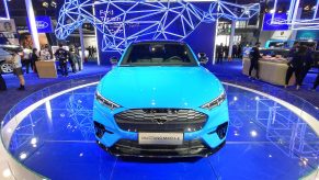 A Ford MUSTANG Mach-e sports car is seen at the third China International Import Expo in Shanghai, China