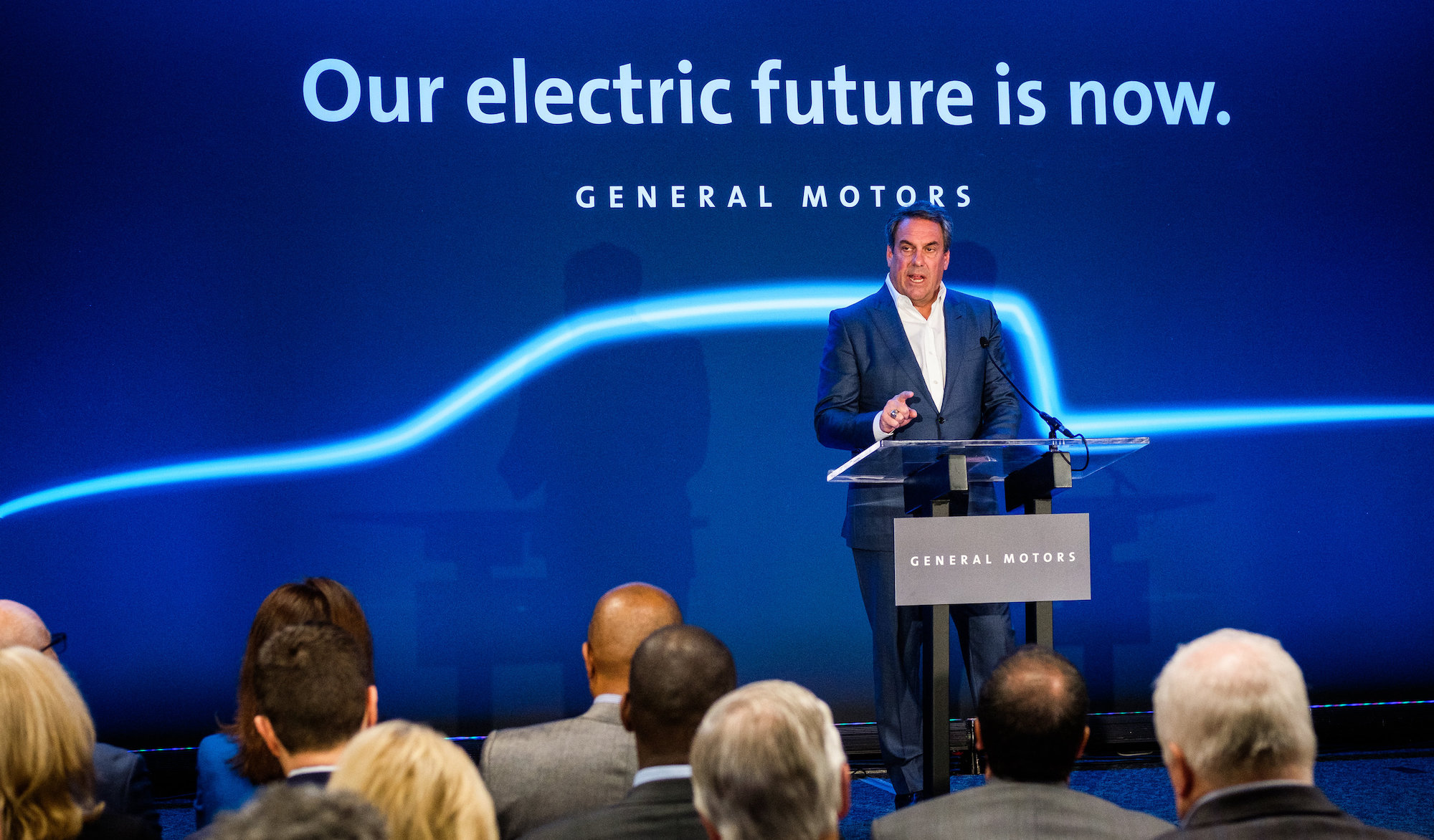 General Motors President Mark Reuss announces on January 27, 2020, a $2.2 billion investment at its Detroit- Hamtramck (MI) assembly plant to produce a variety of all-electric trucks and SUVs.