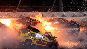An image of a massive crash happening at the Daytona 500 NASCAR race.