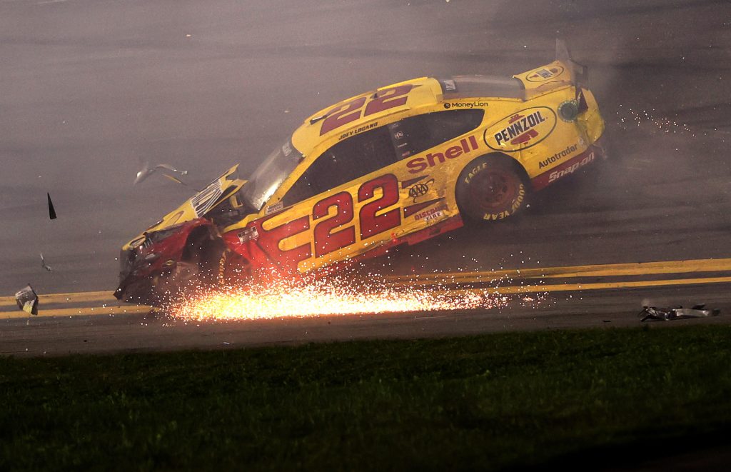 An image of a massive crash happening at the Daytona 500 NASCAR race.