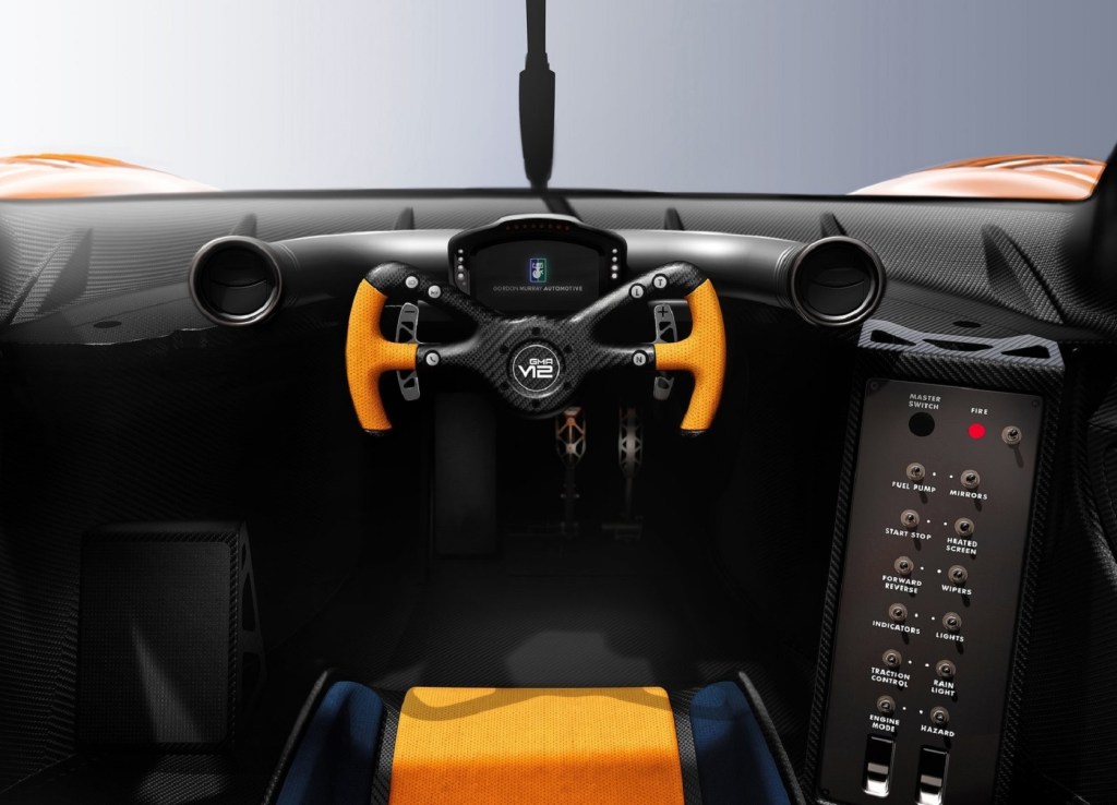 The carbon-fiber-heavy black-and-yellow interior of the Gordon Murray T.50s Niki Lauda