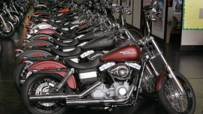 Harley-Davidson motorcycles lined up for sale at Chicago Harley-Davidson on April 20, 2010, in Glenview, Illinois.