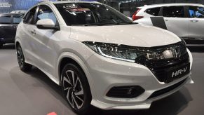 A white Honda HR-V is seen parked during the Vienna Car Show press preview at Messe Wien, as part of Vienna Holiday Fair