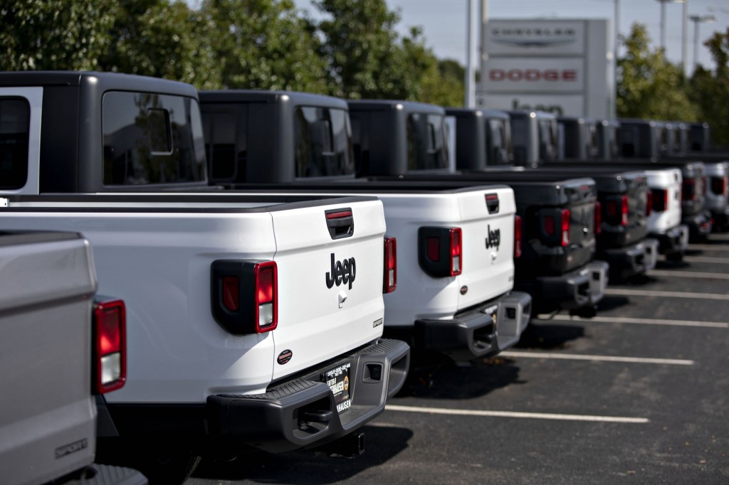 Fiat Chrysler Automobiles NV 2020 Jeep Gladiator pickup trucks are displayed at a car dealership