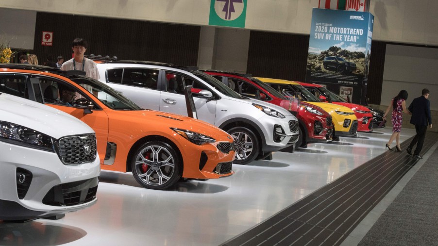 Kia cars on display at a Los Angeles event.