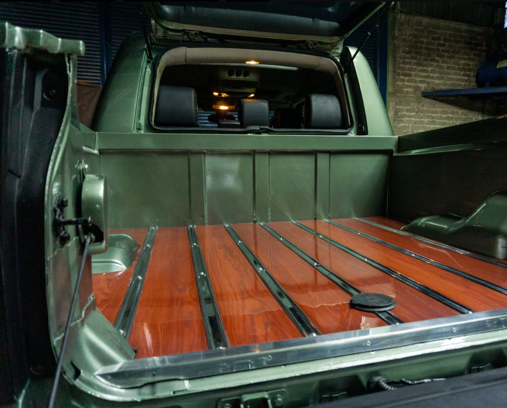 Inside the bed of the Land Rover custom pickup