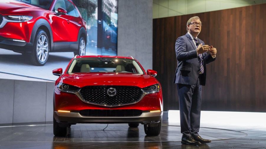 The Mazda CX-30 on display during a presentation