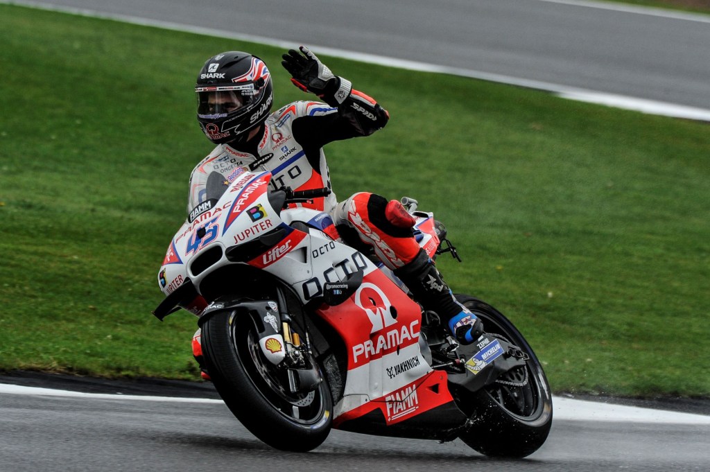 MotoGP racer Scott Redding waves after qualifying at the 2016 British Grand Prix