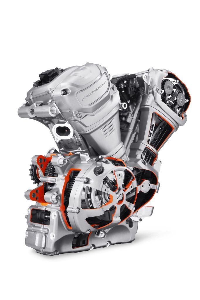 A Partially-cutaway 2021 Harley-Davidson Pan America 1250 Revolution Max V-twin engine