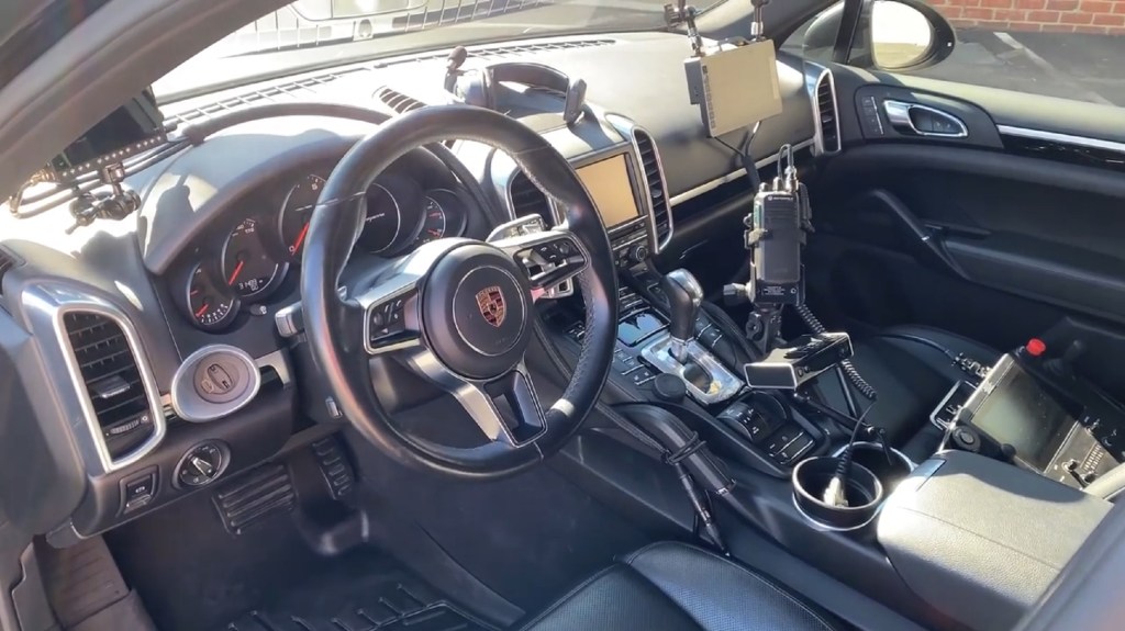 The screen- and headset-heavy front seats of the Porsche Cayenne 'Arm Car'