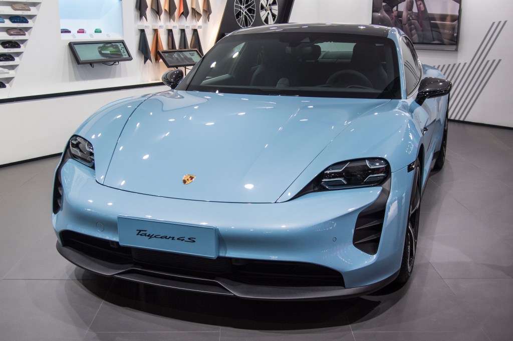 A Porsche Taycan 4S vehicle is on display during the 18th Guangzhou International Automobile Exhibition at China Import and Export Fair Complex