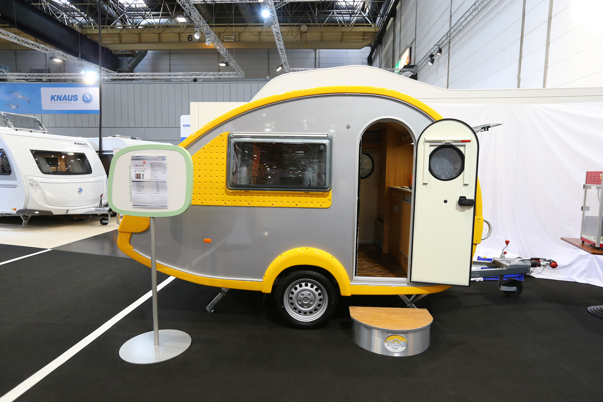 A silver-and-yellow teardrop camper at the Caravan Salon Duesseldorf expo at the fairgrounds on September 4, 2014, in Duesseldorf, Germany.