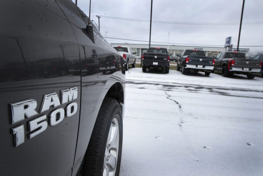 Ram 1500 trucks are offered for sale at a dealership on January 12, 2017 in Elmhurst, Illinois. The U.S. Environmental Protection Agency today accused Fiat Chrysler Automobiles of cheating on its diesel emissions software to get better fuel economy for about 100,000 Ram 1500 EcoDiesel pickups