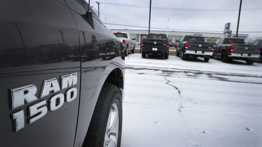 Ram 1500 trucks are offered for sale at a dealership on January 12, 2017 in Elmhurst, Illinois. The U.S. Environmental Protection Agency today accused Fiat Chrysler Automobiles of cheating on its diesel emissions software to get better fuel economy for about 100,000 Ram 1500 EcoDiesel pickups