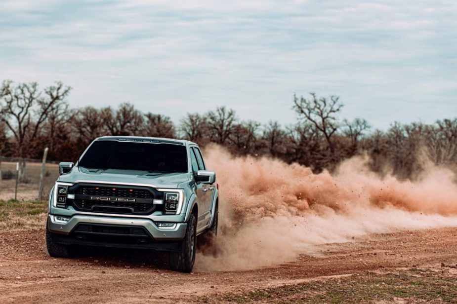 The 2021 Ford F-250 Roush kicking up sand