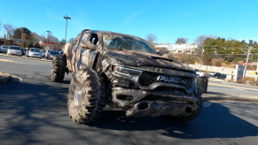 An image of a broke 2021 Ram 1500 TRX entering a drive-thru.