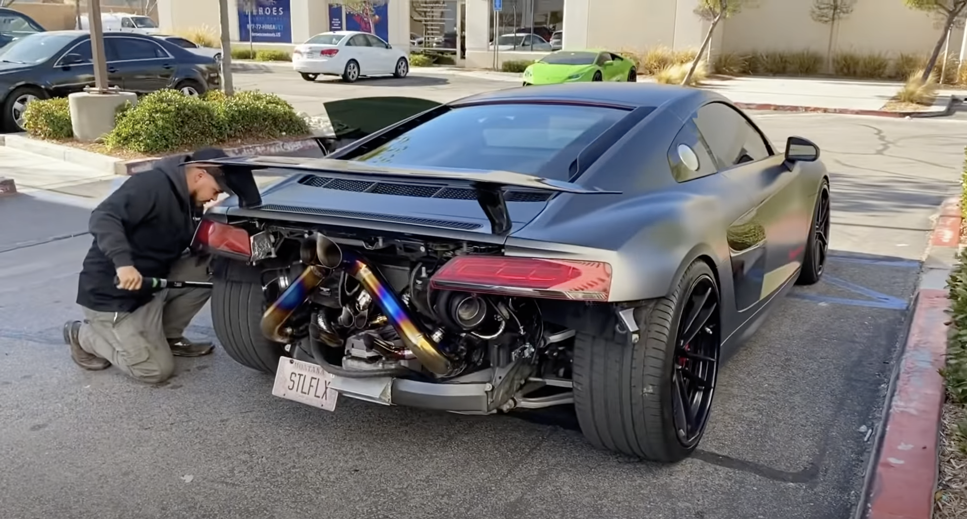 An image of an Audi R8 with a twin-turbo kit.