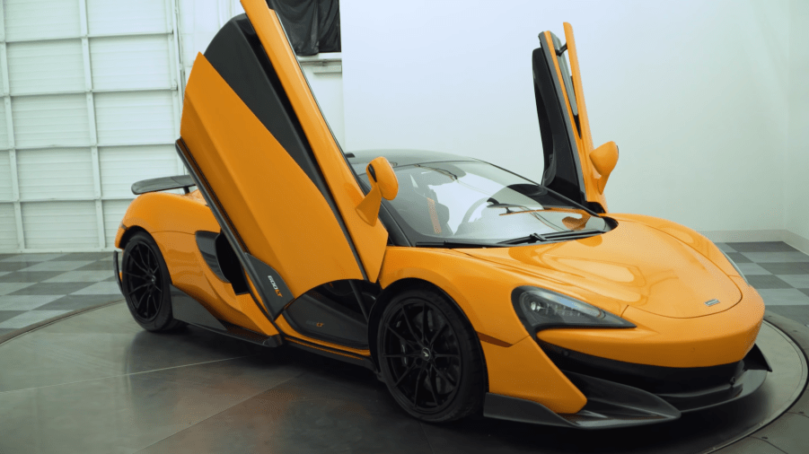 An image of a McLaren 600LT on display at a dealership.