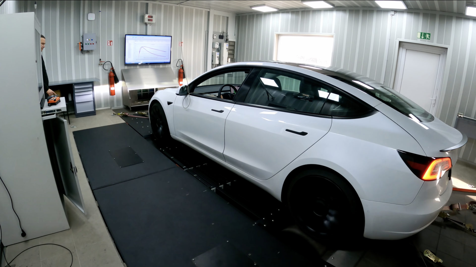 An image of a white Tesla Model 3 Performance on the dyno.