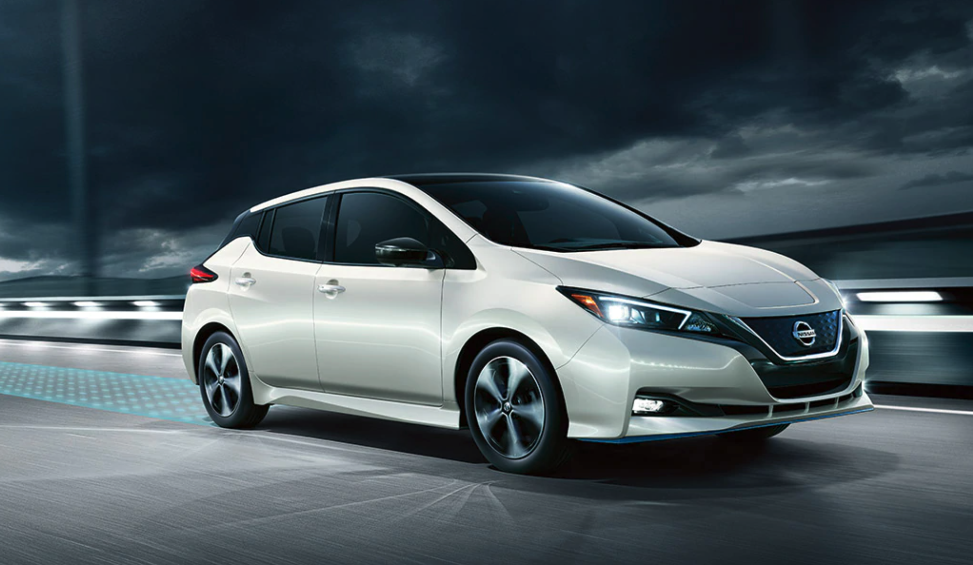 2021 Nissan Leaf on dark highway