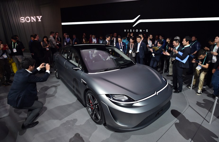 The Sony Vision-S, an all-electric concept vehicle, is displayed at the Sony booth during CES 2020 at the Las Vegas Convention Center on January 7, 2020, in Las Vegas, Nevada.