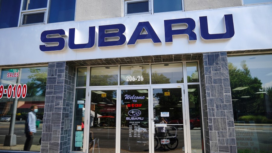 The entrance to a Subaru car dealership